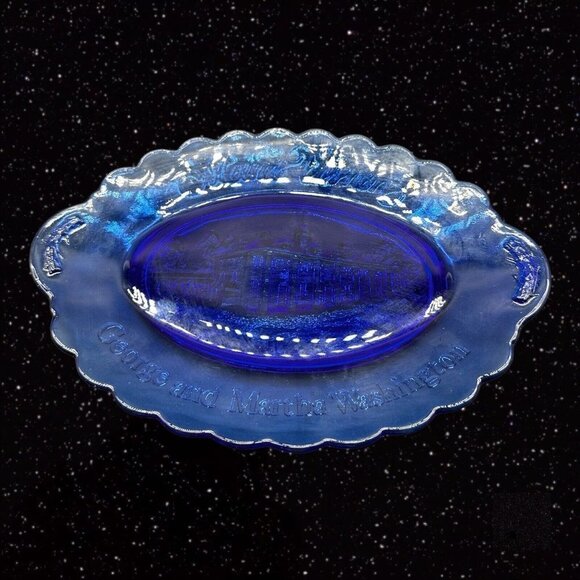 Vintage Mount Vernon George & Martha Washington Cobalt Blue Glass Oval Plate 9”W - Picture 5 of 10